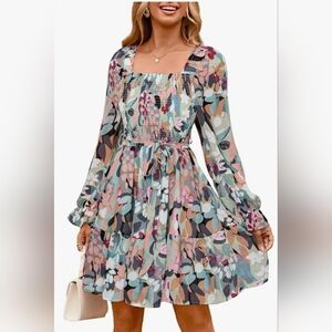 Womens Boho Long Sleeve Mini Dress Floral & Flowy